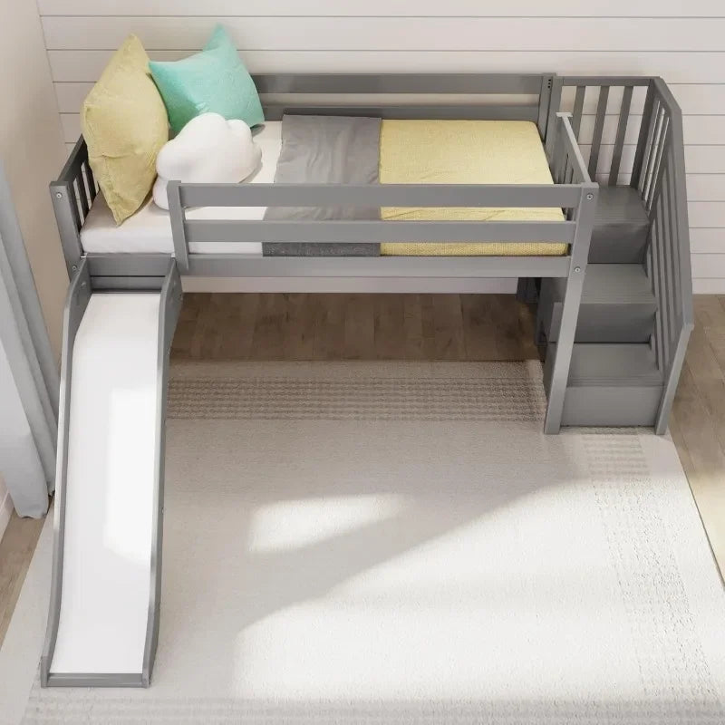 Twin Size Low Loft Bed with Slide and Stairs