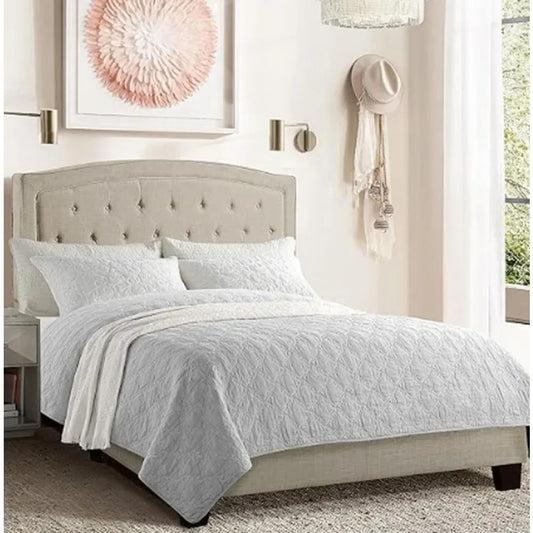 Upholstered Bed, Bed with Button Tufted and Adjustable Height Headboard, Beige