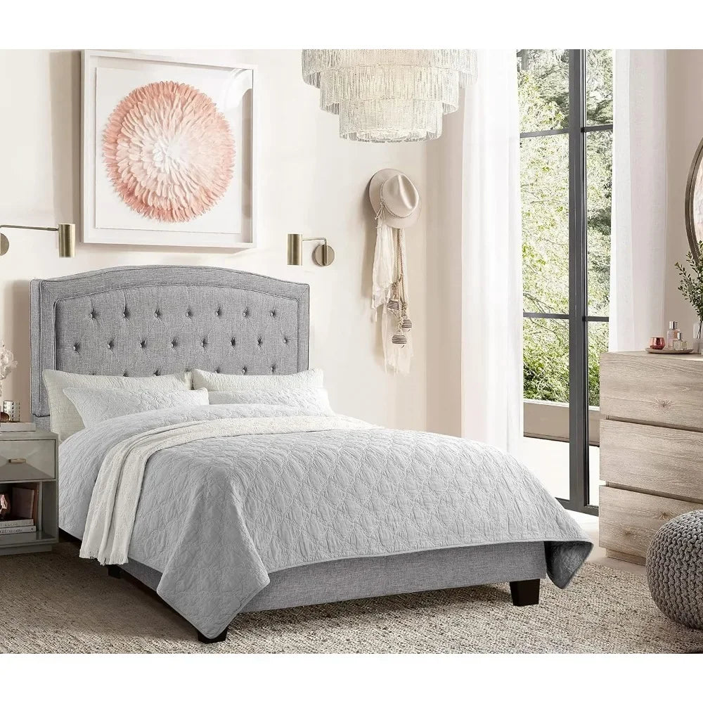 Upholstered Bed, Bed with Button Tufted and Adjustable Height Headboard, Beige