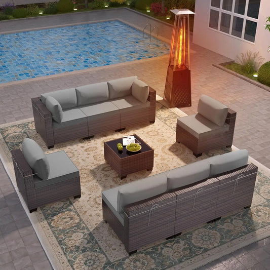 PE Wicker Rattan Outdoor Sofa Conversation Set w/Outdoor Propane Heater