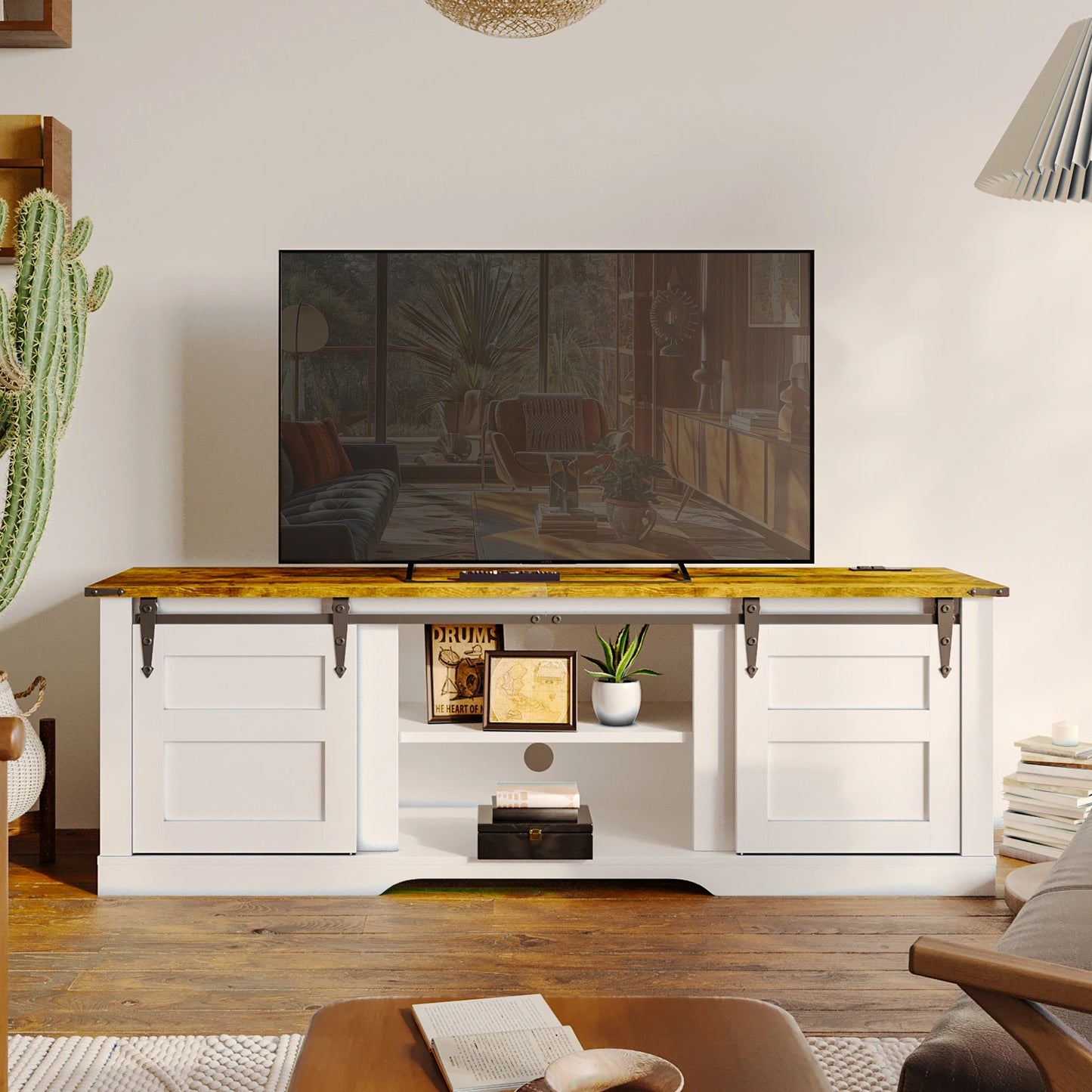 Entertainment Center with Storage Cabinets and Sliding Barn Doors, White