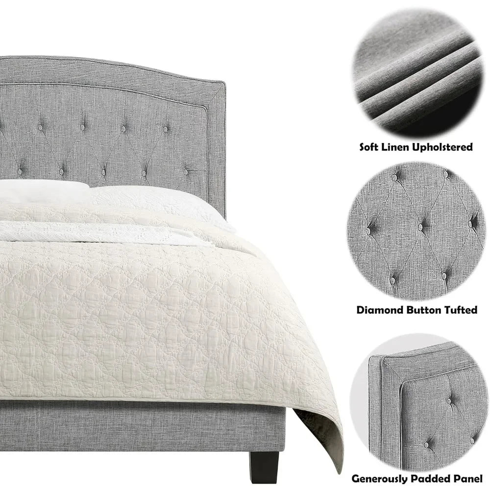 Upholstered Bed, Bed with Button Tufted and Adjustable Height Headboard, Beige