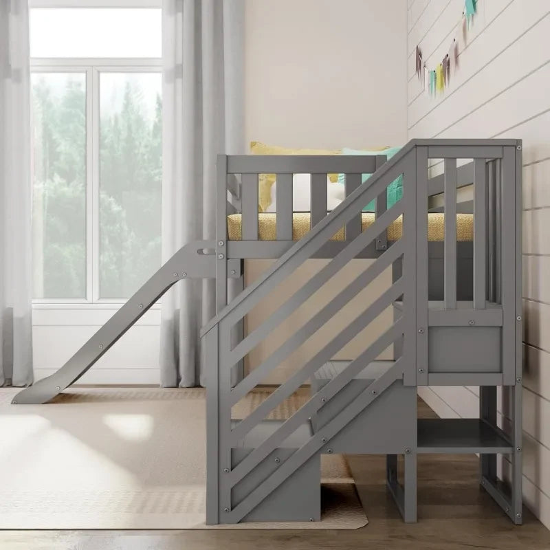 Twin Size Low Loft Bed with Slide and Stairs