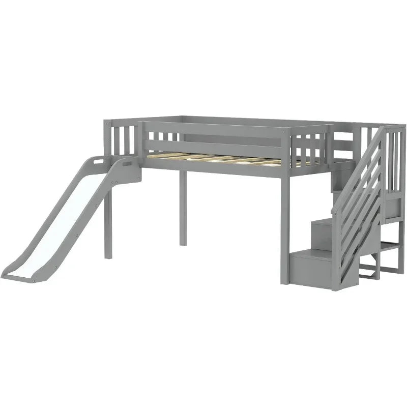 Twin Size Low Loft Bed with Slide and Stairs