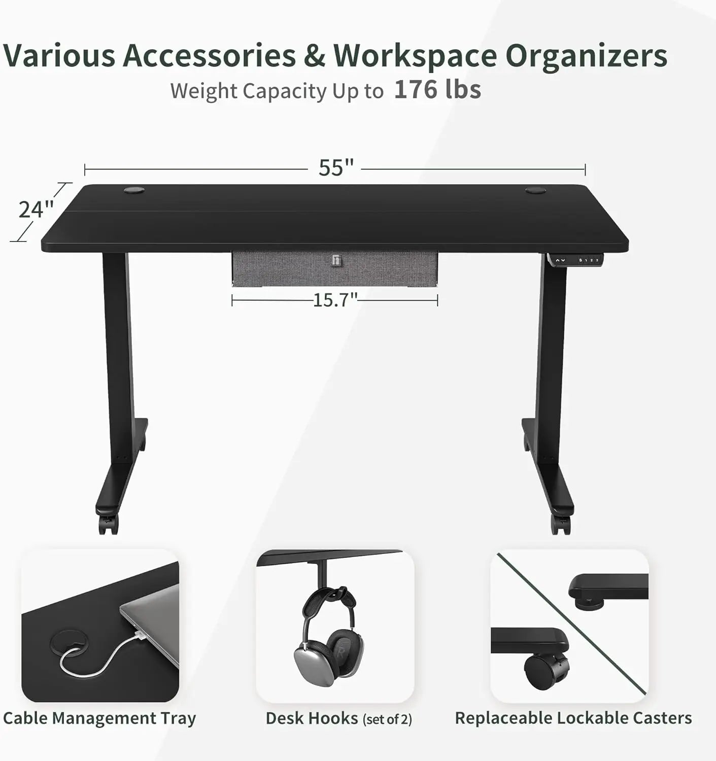 Adjustable Height Electric Stand up Desk with Storage, 55x 24 Inches