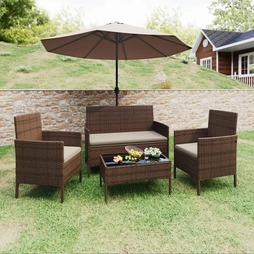 Patio Sofa Set of 4 with Soft Cushion and Glass Table