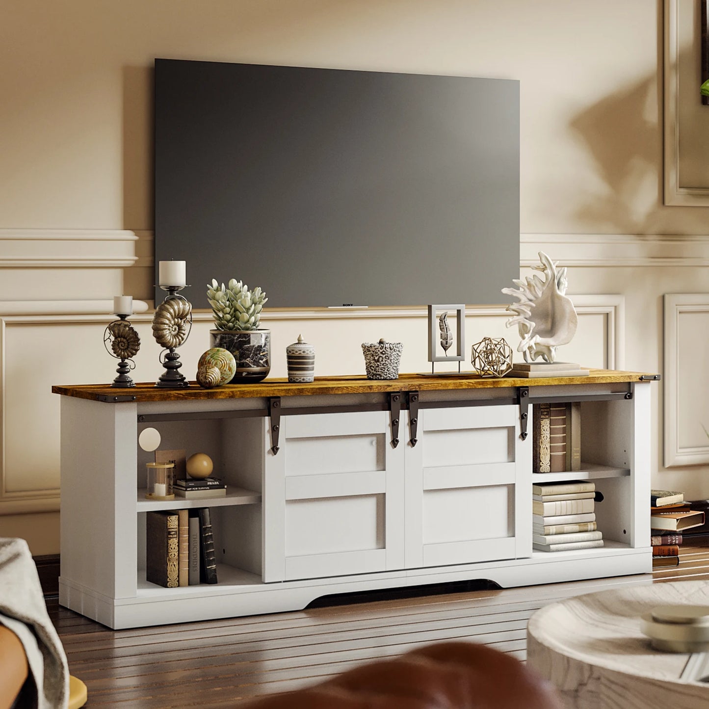 Entertainment Center with Storage Cabinets and Sliding Barn Doors, White