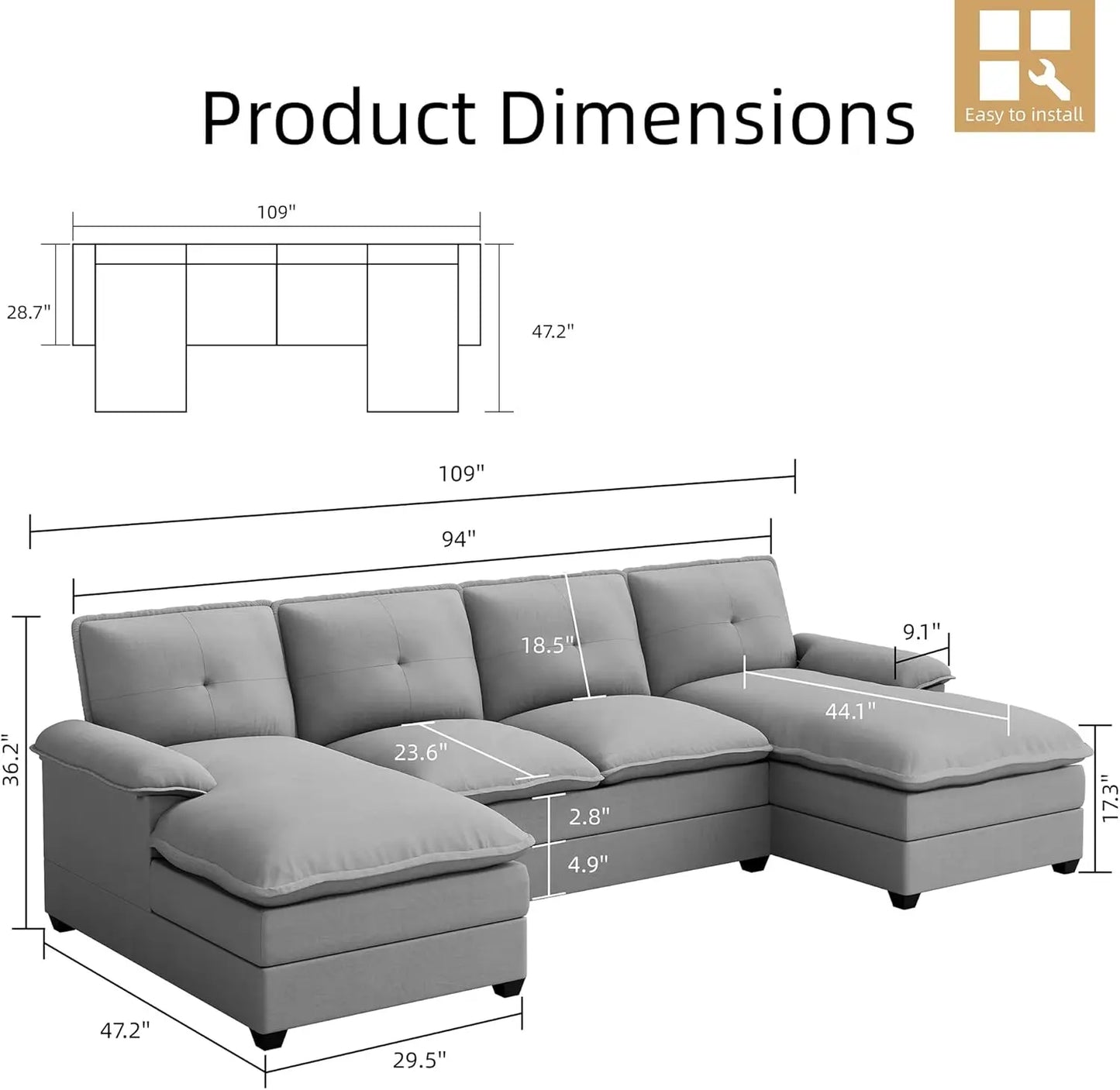 U-Shaped Couch 4 Seat Sofa Set with Double Chaises